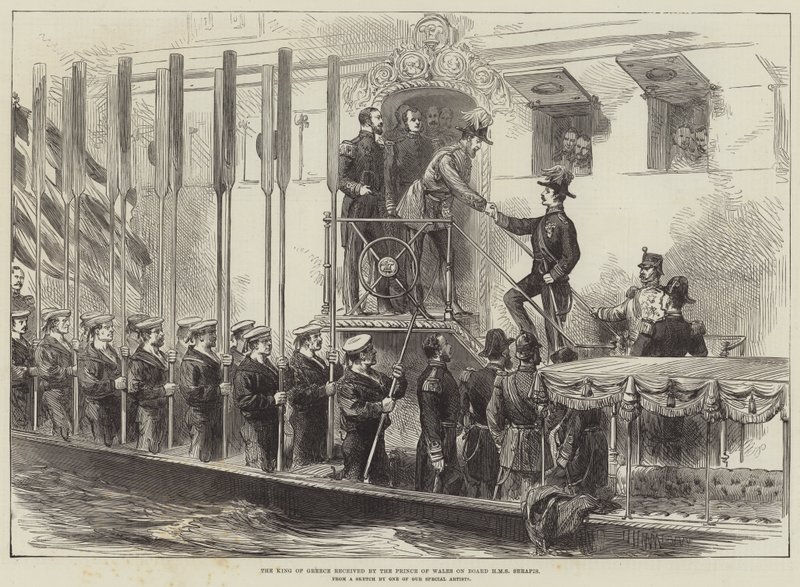 El Rey de Grecia recibido por el Príncipe de Gales a bordo del HMS Serapis (grabado) de English School