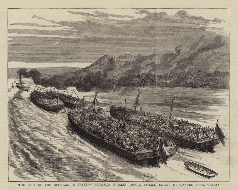 El Último de los Rusos en Rumelia Oriental, Tropas Rusas pasando por el Danubio, cerca de Galatz (grabado) de English School