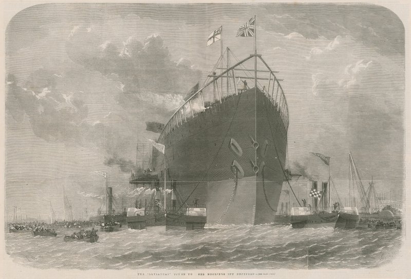 El Leviathan remolcado a sus amarras frente a Deptford de English School