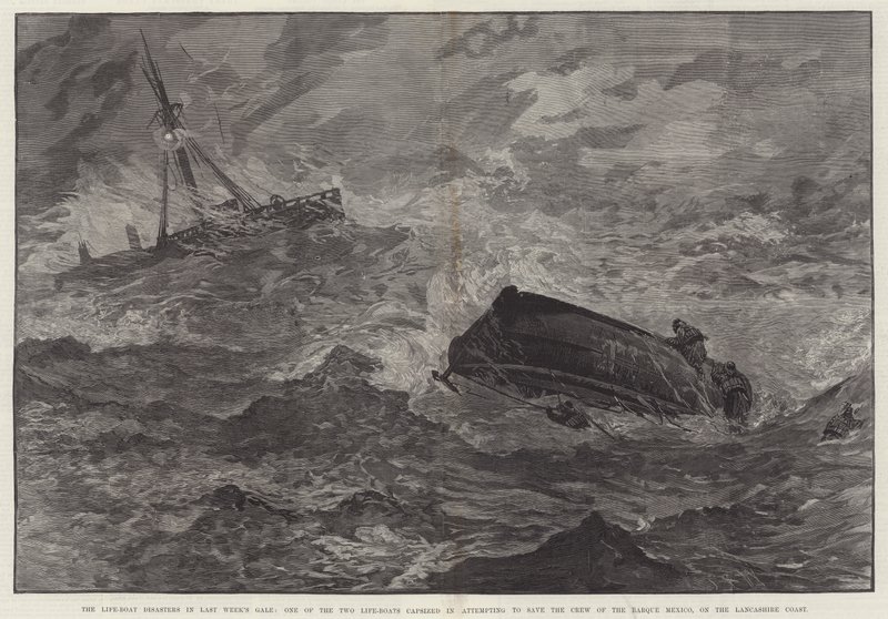 Los Desastres de los Botes Salvavidas en la Tormenta de la Semana Pasada, Uno de los Dos Botes Salvavidas volcó al intentar salvar a la tripulación del Barco México, en la Costa de Lancashire de English School