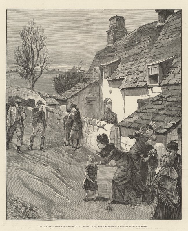 La Explosión de la Mina Llanerch, en Abersychan, Monmouthshire, trayendo a Casa a los Muertos (grabado) de English School