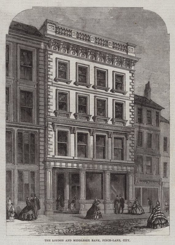 El Banco de Londres y Middlesex, Finch-Lane, City (grabado) de English School
