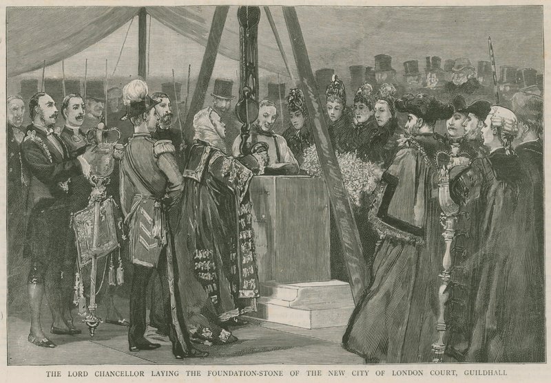 El Lord Canciller colocando la primera piedra del nuevo Tribunal de la Ciudad de Londres, Guildhall de English School