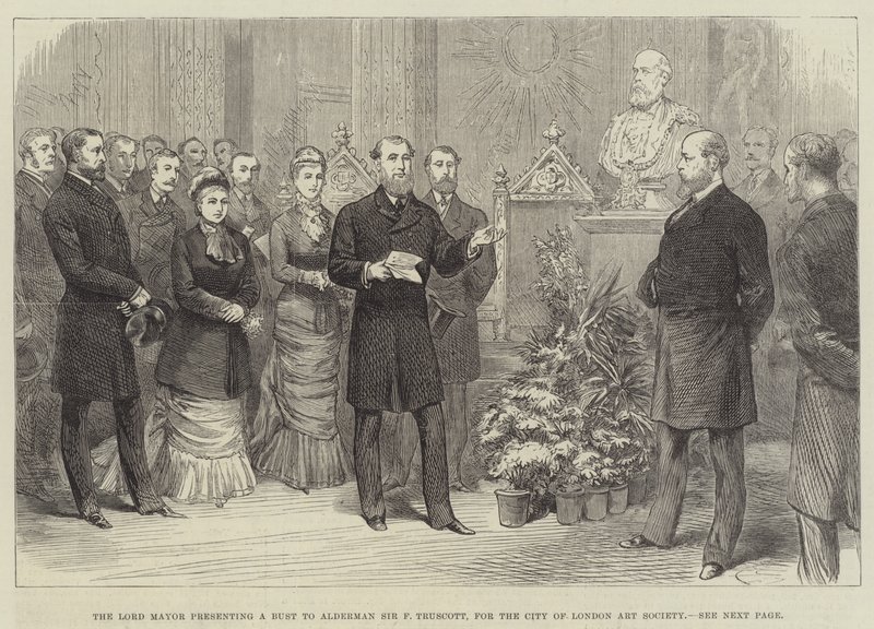 El alcalde presentando un busto al concejal Sir F Truscott, para la Sociedad de Arte de la Ciudad de Londres de English School