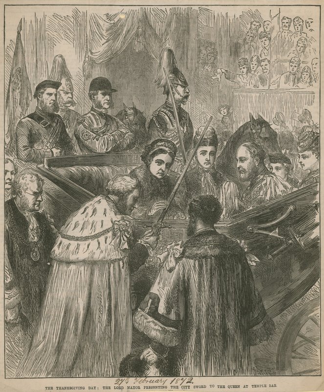 El alcalde presentando la espada de la ciudad a la Reina en Temple Bar de English School
