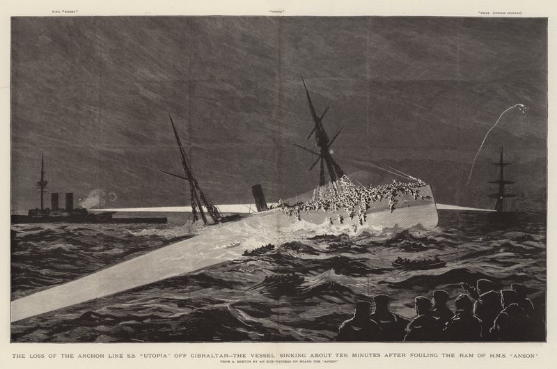 La Pérdida del SS "Utopia" de la Línea Anchor cerca de Gibraltar, el Barco Hundido unos Diez Minutos después de Chocar con el Ram de HMS "Anson" de English School
