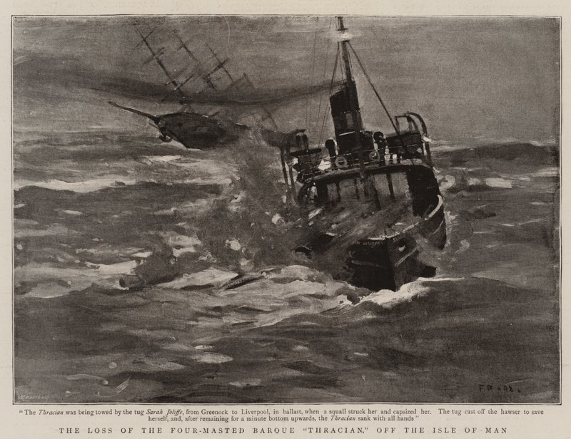 La pérdida del bergantín de cuatro mástiles "Thracian," frente a la Isla de Man (litografía) de English School