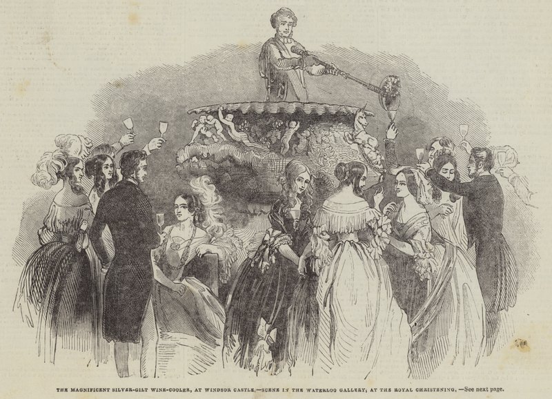 El magnífico enfriador de vino de plata dorada, en el Castillo de Windsor, escena en la Galería Waterloo, en el bautizo real de English School