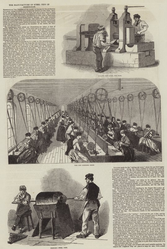 La Fabricación de Plumas de Acero en Birmingham (grabado) de English School
