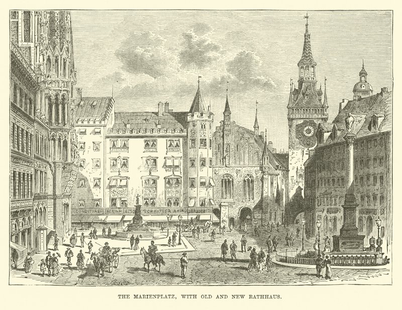 La Marienplatz, con el antiguo y nuevo Ayuntamiento de English School