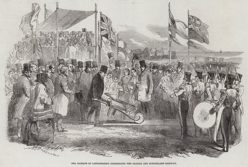El Marqués de Londonderry comenzando el Ferrocarril de Seaham y Sunderland (grabado) de English School
