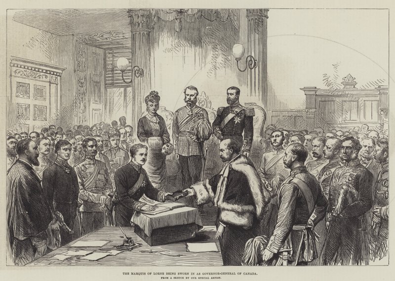 El Marqués de Lorne jurando como Gobernador General de Canadá (grabado) de English School