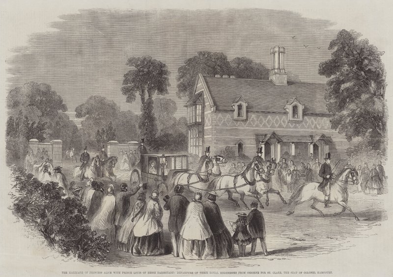 El matrimonio de la princesa Alicia con el príncipe Luis de Hesse Darmstadt, salida de sus altezas reales de Osborne hacia St Clare, la residencia del coronel Harcourt de English School