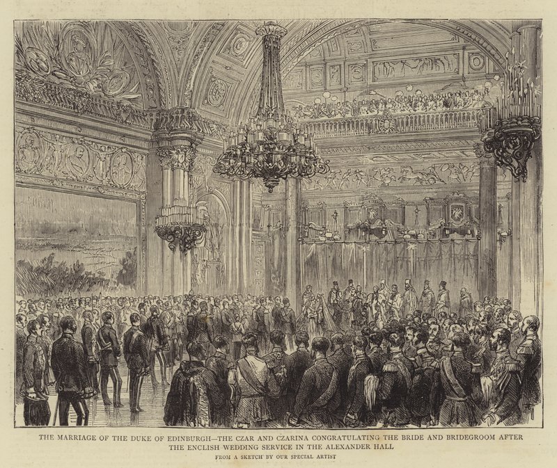 El Matrimonio del Duque de Edimburgo, el Zar y la Zarina felicitando a la Novia y el Novio después del Servicio de Boda Inglés en el Salón Alexander (grabado) de English School