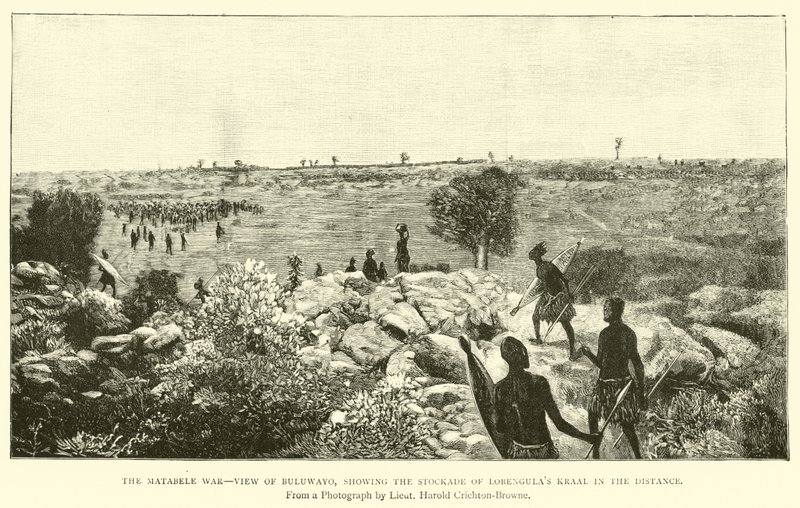 La Guerra de Matabele, vista de Buluwayo, mostrando la empalizada del kraal de Lobengula en la distancia de English School