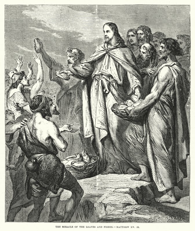 El milagro de los panes y los peces, Mateo XV, 36 (grabado) de English School