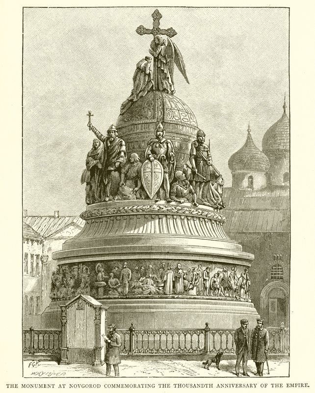 El monumento en Novgorod conmemorando el milésimo aniversario del Imperio, 1862 de English School