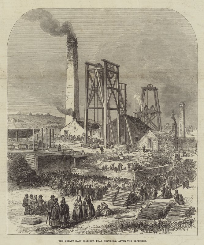 La mina Morley Main, cerca de Dewsbury, después de la explosión (grabado) de English School