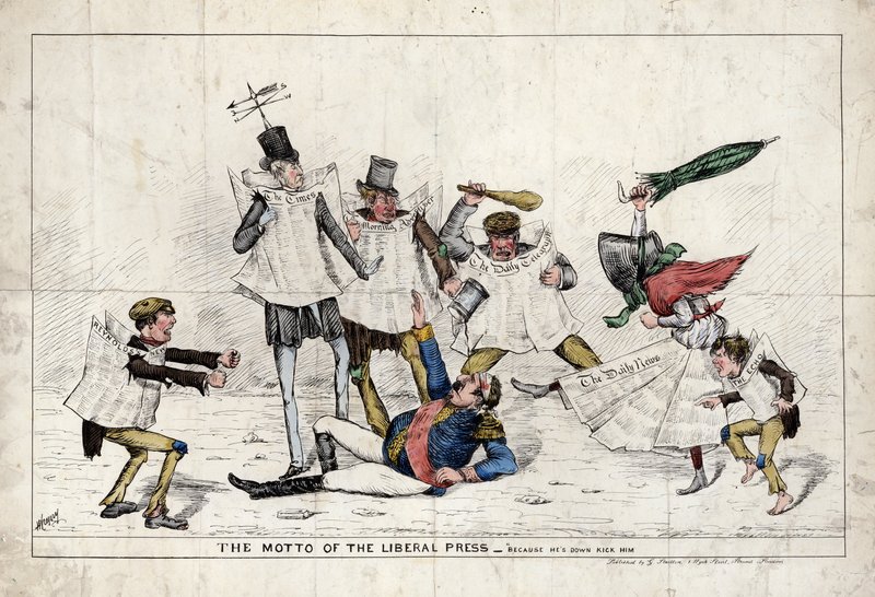 El lema de la prensa liberal, mostrando a Napoleón III siendo asaltado por la prensa británica de English School