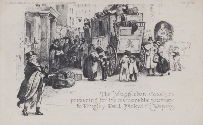 El coche de Muggleton, preparándose para el memorable viaje a Dingley Dell, Pickwick Papers de English School