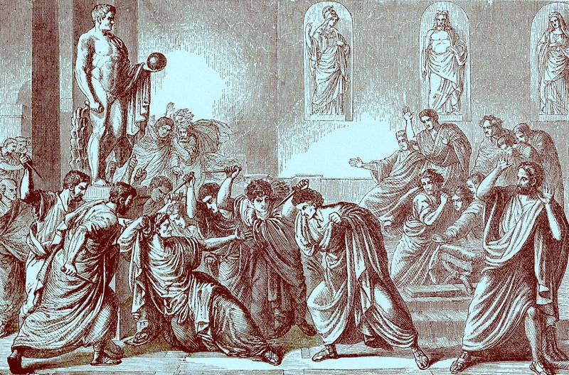 El Asesinato de Julio César, ilustración de The Illustrated History of the World, publicado c.1880 de English School