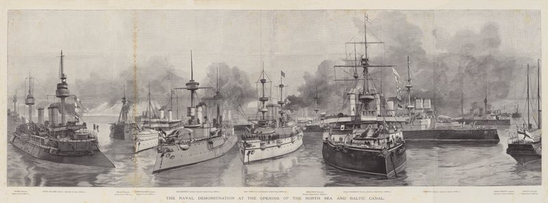La Demostración Naval en la Apertura del Canal del Mar del Norte y Báltico (grabado) de English School