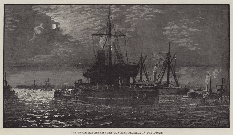 Las Maniobras Navales, la Flotilla de Cañoneras en los Downs (grabado) de English School