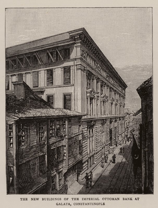 Los nuevos edificios del Banco Imperial Otomano en Galata, Constantinopla (grabado) de English School