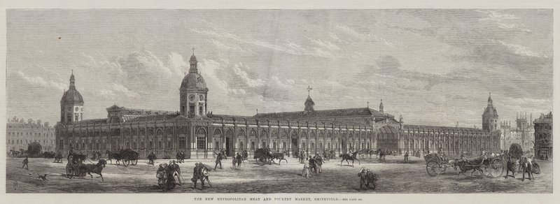 El Nuevo Mercado Metropolitano de Carne y Aves, Smithfield (grabado) de English School