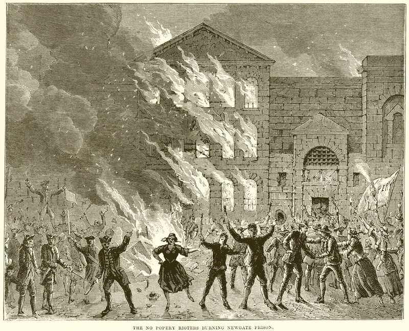 Los alborotadores de No Popery quemando la prisión de Newgate de English School