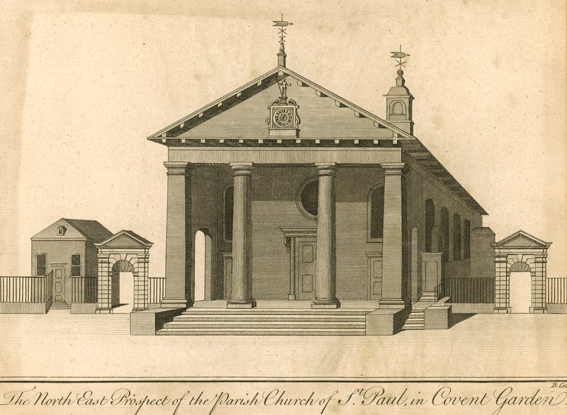 La perspectiva noreste de la iglesia parroquial de San Pablo en Covent Garden, Londres de English School