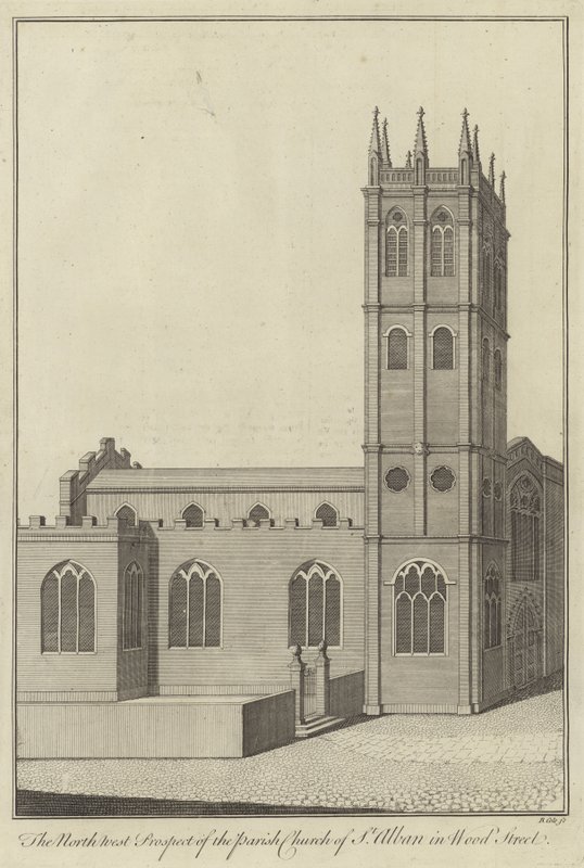 Vista Noroeste de la Iglesia Parroquial de San Albano en Wood Street, Londres de English School