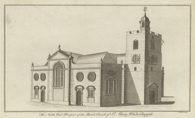La perspectiva noroeste de la iglesia parroquial de Santa María Whitechapel, Londres de English School
