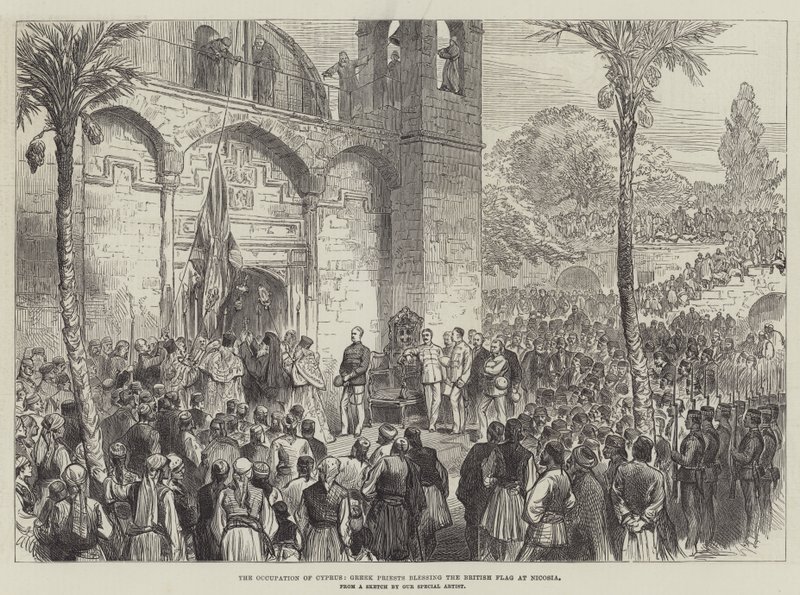 La ocupación de Chipre, sacerdotes griegos bendiciendo la bandera británica en Nicosia de English School
