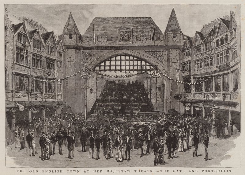 La antigua ciudad inglesa en el teatro de Su Majestad, la puerta y el rastrillo de English School