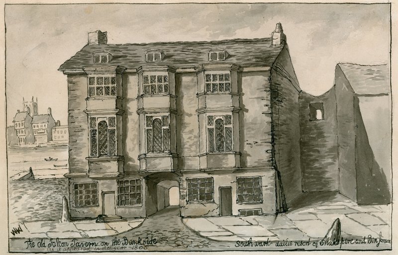 La antigua taberna Falcon en el Bank side, como apareció en el año 1805 de English School