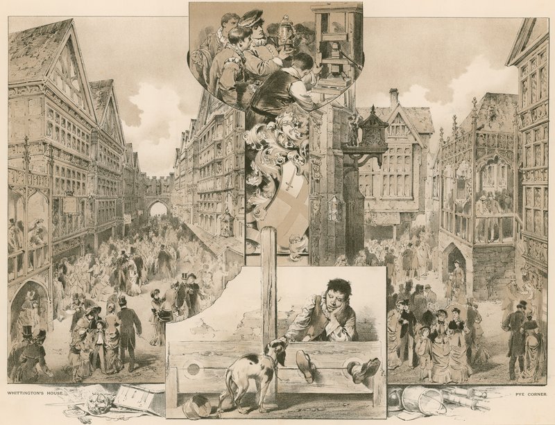La antigua calle de Londres en la Exposición de Salud; Casa de Whittington, Pye Corner de English School