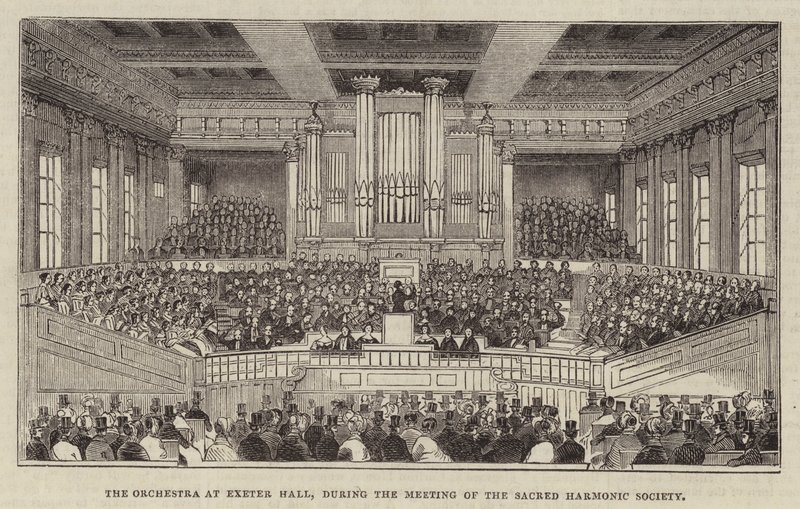 La orquesta en Exeter Hall, durante la reunión de la Sociedad Armónica Sagrada de English School