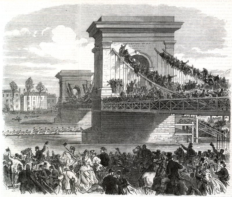 La carrera de botes de Oxford y Cambridge, escena en el Puente Hammersmith de English School