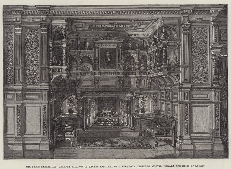 La Exposición de París, Accesorios de Chimenea en Receso y Parte del Comedor mostrados por Messers Howard y Sons, de Londres (grabado) de English School