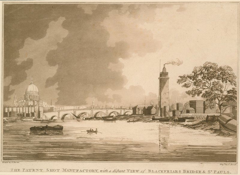 La fábrica de balas de plomo, con una vista distante del Puente de Blackfriars y San Pablo, Londres de English School