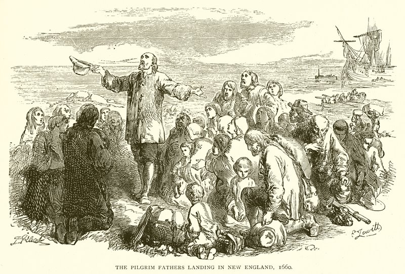 Los Padres Peregrinos desembarcando en Nueva Inglaterra, 1660 de English School