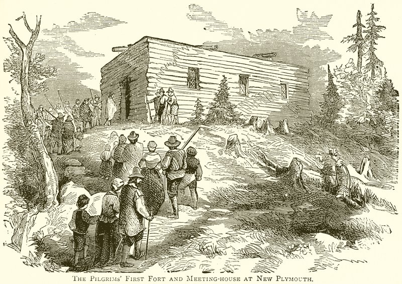 El primer fuerte y casa de reuniones de los peregrinos en New Plymouth de English School