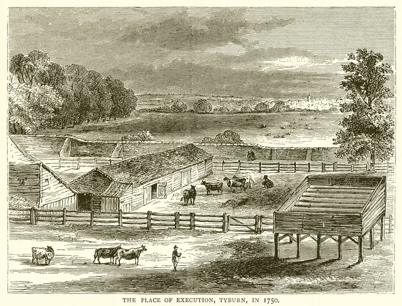El lugar de ejecución, Tyburn, en 1750 de English School