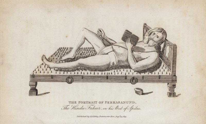 Retrato de Perkasanund, el falsificador hindú, en su lecho de púas (grabado) de English School
