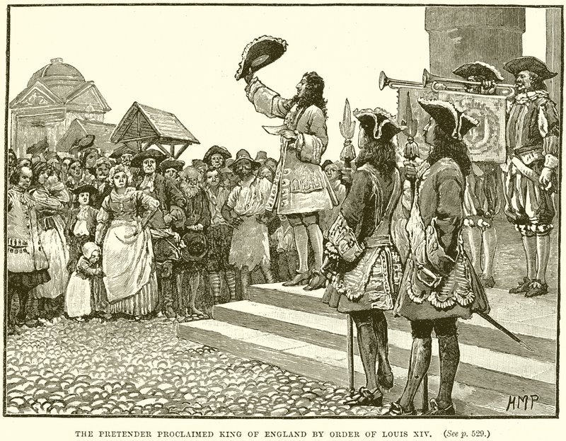 El Pretendiente proclamado rey de Inglaterra por orden de Luis XIV de English School