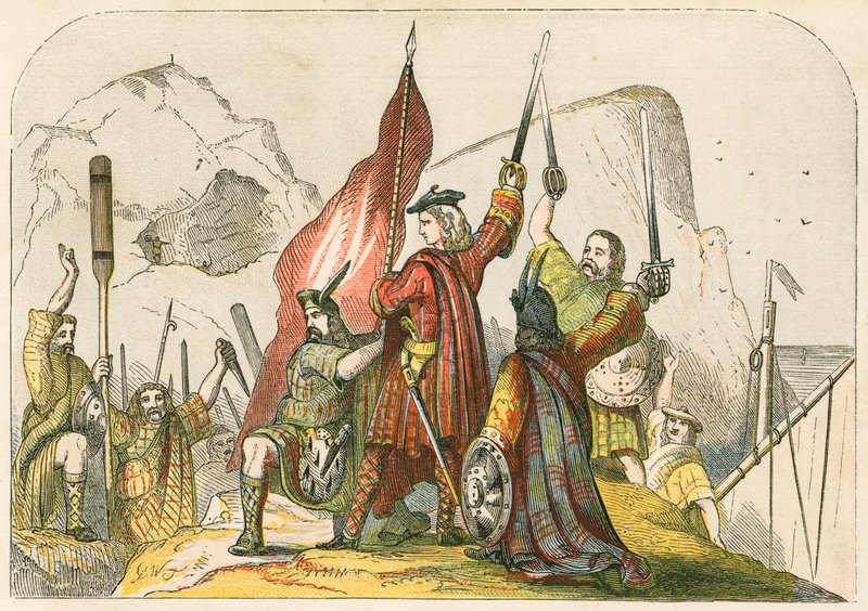 El Pretendiente levantando su estandarte en su primer desembarco en Escocia de English School