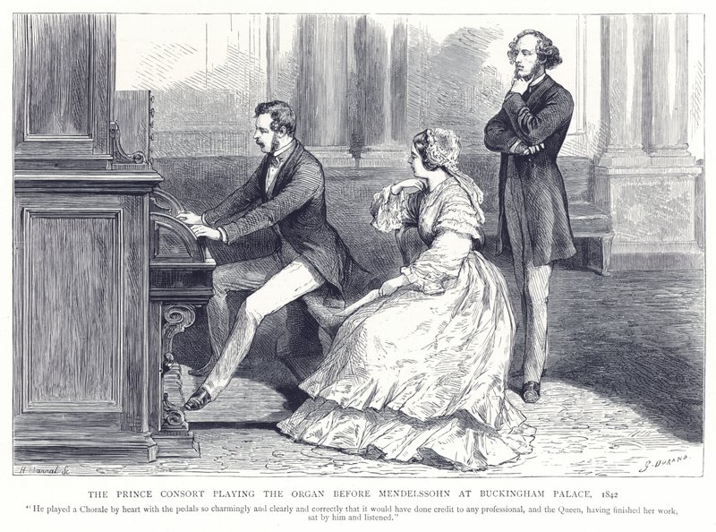 El Príncipe Consorte tocando el órgano ante Mendelssohn en el Palacio de Buckingham, 1842 de English School