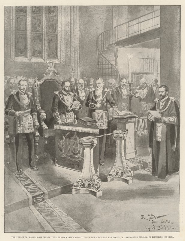 El Príncipe de Gales, Gran Maestro Muy Venerable, constituyendo la Logia del Chancery Bar de los Masones, No 2456, en el Salón de Lincoln