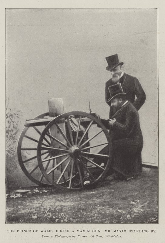 El Príncipe de Gales disparando una ametralladora Maxim, con el Sr. Maxim al lado (grabado) de English School